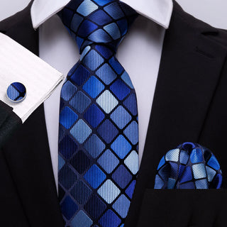 Navy Blue Plaid Silk Necktie Pocket Square Cufflinks Set