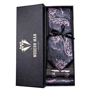 Black Pink Floral Silk Necktie Pocket Square Cufflinks Set
