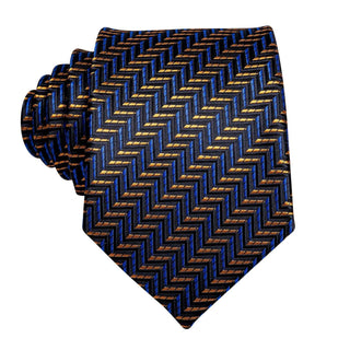 Black Blue Golden Striped Silk Necktie Pocket Square Cufflinks Set