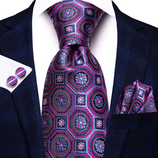 Purple Blue Novelty Silk Necktie Pocket Square Cufflinks Set