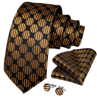Golden Black Polka Dot Silk Necktie Pocket Square Cufflinks Set