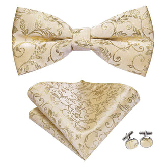 Beige Gold Floral Pre-tied Bow Tie Pocket Square Cufflinks Set