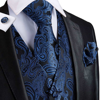 Blue Black Paisley Jacquard Silk Vest Pocket Square Cufflinks Tie Set Waistcoat Suit Set