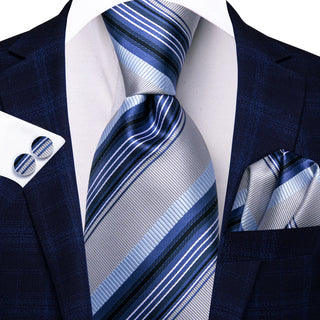 Blue Grey Striped Silk Necktie Pocket Square Cufflinks Set