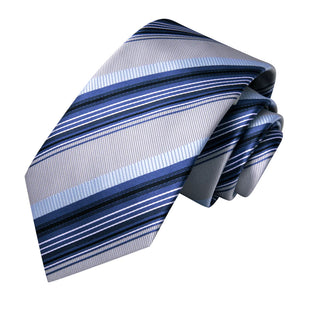 Blue Grey Striped Silk Necktie Pocket Square Cufflinks Set