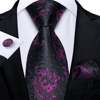 New Black Purple Paisley Silk Necktie Pocket Square Cufflinks Set