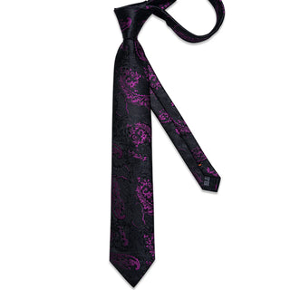 New Black Purple Paisley Silk Necktie Pocket Square Cufflinks Set