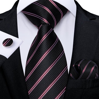 Black White Burgundy Striped Silk Necktie Pocket Square Cufflinks Set
