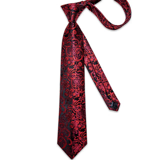 New Black Red Floral Silk Necktie Pocket Square Cufflinks Set