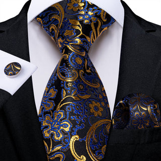 New Black Blue Golden Floral Silk Necktie Pocket Square Cufflinks Set