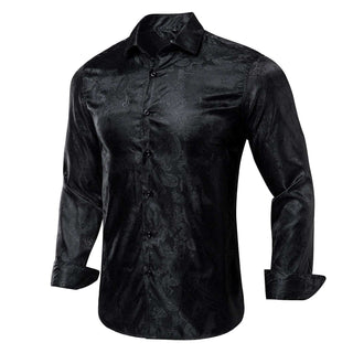 Black Paisley Solid Silk Long Sleeve Shirt