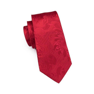 Luxury Red Floral Silk Necktie Pocket Square Cufflinks Set