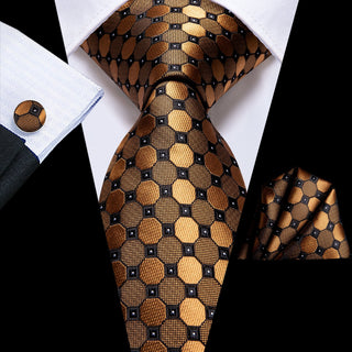 Golden Plaid Circle Silk Necktie Pocket Square Cufflinks Set