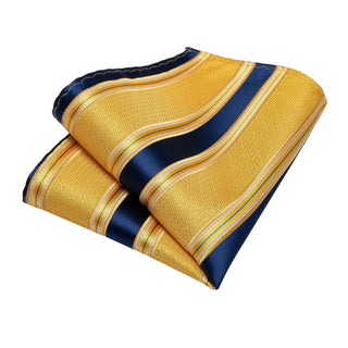Golden Yellow Blue Striped Silk Necktie Pocket Square Cufflinks Set