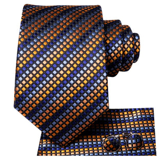 Gold Blue Striped Silk Necktie Pocket Square Cufflinks Set
