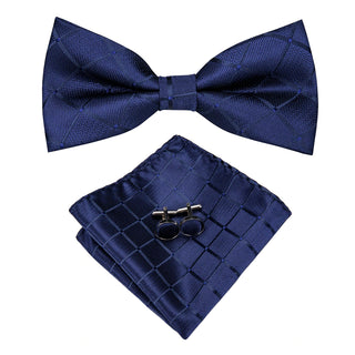 Classic Blue Plaid Pre-tied Bow Tie Pocket Square Cufflinks Set