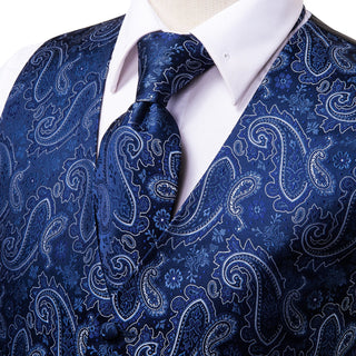 Fashion Navy Blue Paisley Men's Vest Tie Pocket Square Cufflinks Set Waistcoat Suit Set