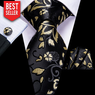 Black Yellow Floral Silk Necktie Pocket Square Cufflinks Set + Handkerchief Neckties
