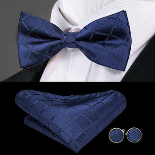 Classic Blue Plaid Pre-tied Bow Tie Pocket Square Cufflinks Set