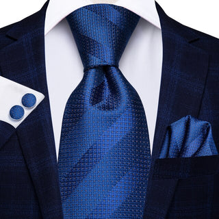 Blue Striped Silk Necktie Pocket Square Cufflinks Set