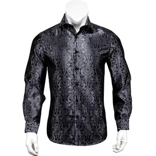 Black Grey Floral Silk Long Sleeve Shirt