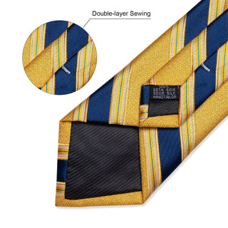 Golden Yellow Blue Striped Silk Necktie Pocket Square Cufflinks Set