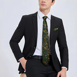 Dark Green Yellow Floral Silk Necktie Pocket Square Cufflinks Set