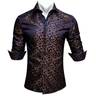 Blue Golden Floral Long Sleeve Shirt with Collar Pin