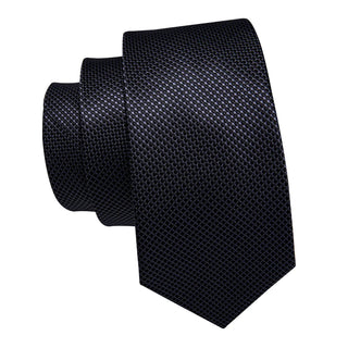 Solid Black Plaid Silk Necktie Pocket Square Cufflinks Set