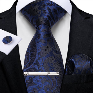 New Blue Black Floral Silk Necktie Pocket Square Cufflinks Set