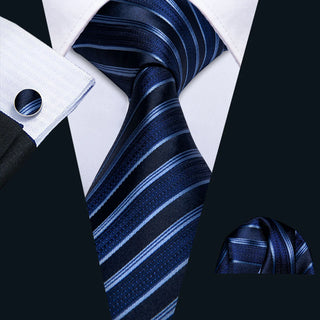 Deep Blue Striped Silk Necktie Pocket Square Cufflinks Set