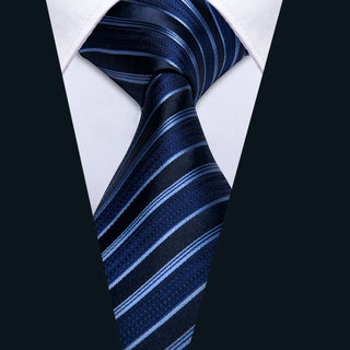 Deep Blue Striped Silk Necktie Pocket Square Cufflinks Set