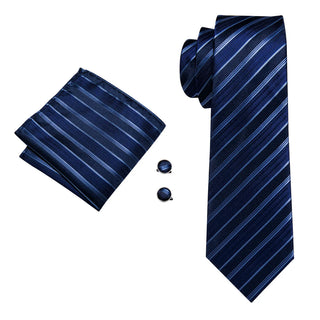 Deep Blue Striped Silk Necktie Pocket Square Cufflinks Set