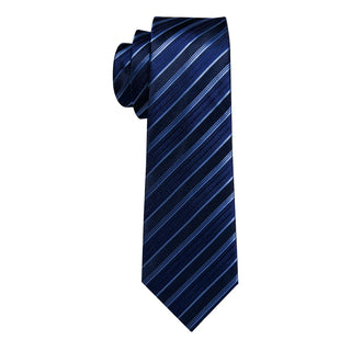 Deep Blue Striped Silk Necktie Pocket Square Cufflinks Set