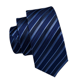Deep Blue Striped Silk Necktie Pocket Square Cufflinks Set