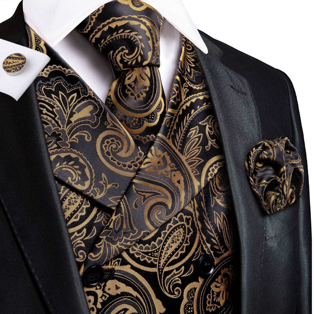 Black Golden Paisley Jacquard Silk Vest Pocket Square Cufflinks Tie Se ...