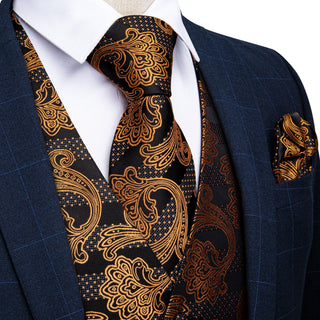 Classic Golden Black Floral Jacquard Silk Men's Vest Pocket Square Cufflinks Tie Set Waistcoat Set