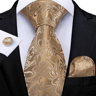 Champagne Gold Floral Necktie Pocket Square Cufflinks Set