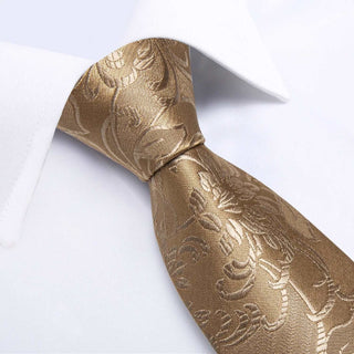 Champagne Gold Floral Necktie Pocket Square Cufflinks Set