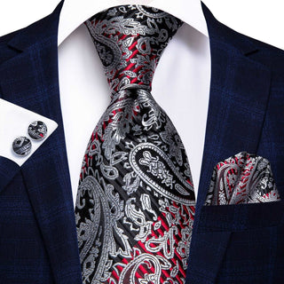 Black Silver Red Floral Silk Necktie Pocket Square Cufflinks Set
