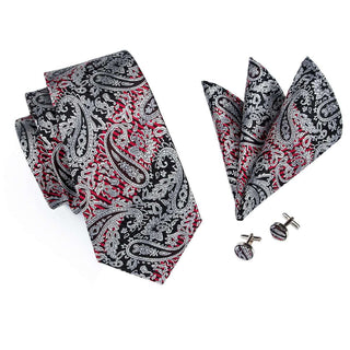 Black Silver Red Floral Silk Necktie Pocket Square Cufflinks Set