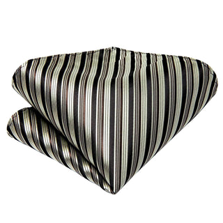 Brown Black Striped Silk Necktie Pocket Square Cufflinks Set