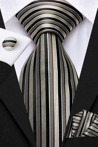 Brown Black Striped Silk Necktie Pocket Square Cufflinks Set