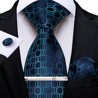 Blue Lattice Silk Necktie Pocket Square Cufflinks Set
