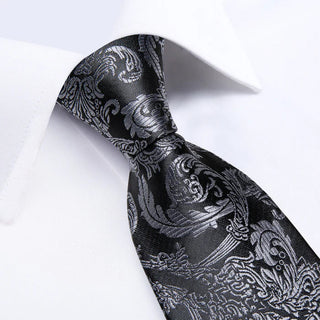 Black Grey Floral Silk Necktie Pocket Square Cufflinks Set