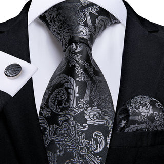 Black Grey Floral Silk Necktie Pocket Square Cufflinks Set