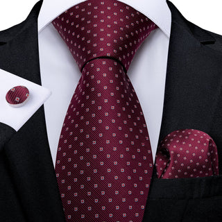 New Red Geometric Silk Necktie Pocket Square Cufflinks Set