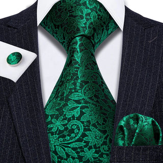 Fluorescent Green Floral Paisley Silk Men's Necktie Pocket Square Cufflinks Set