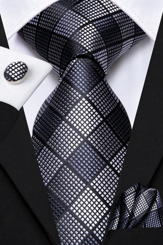 Black Grey Plaid Silk Necktie Pocket Square Cufflinks Set