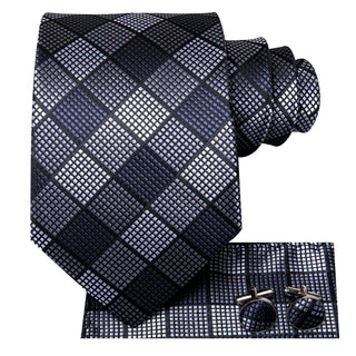 Black Grey Plaid Silk Necktie Pocket Square Cufflinks Set